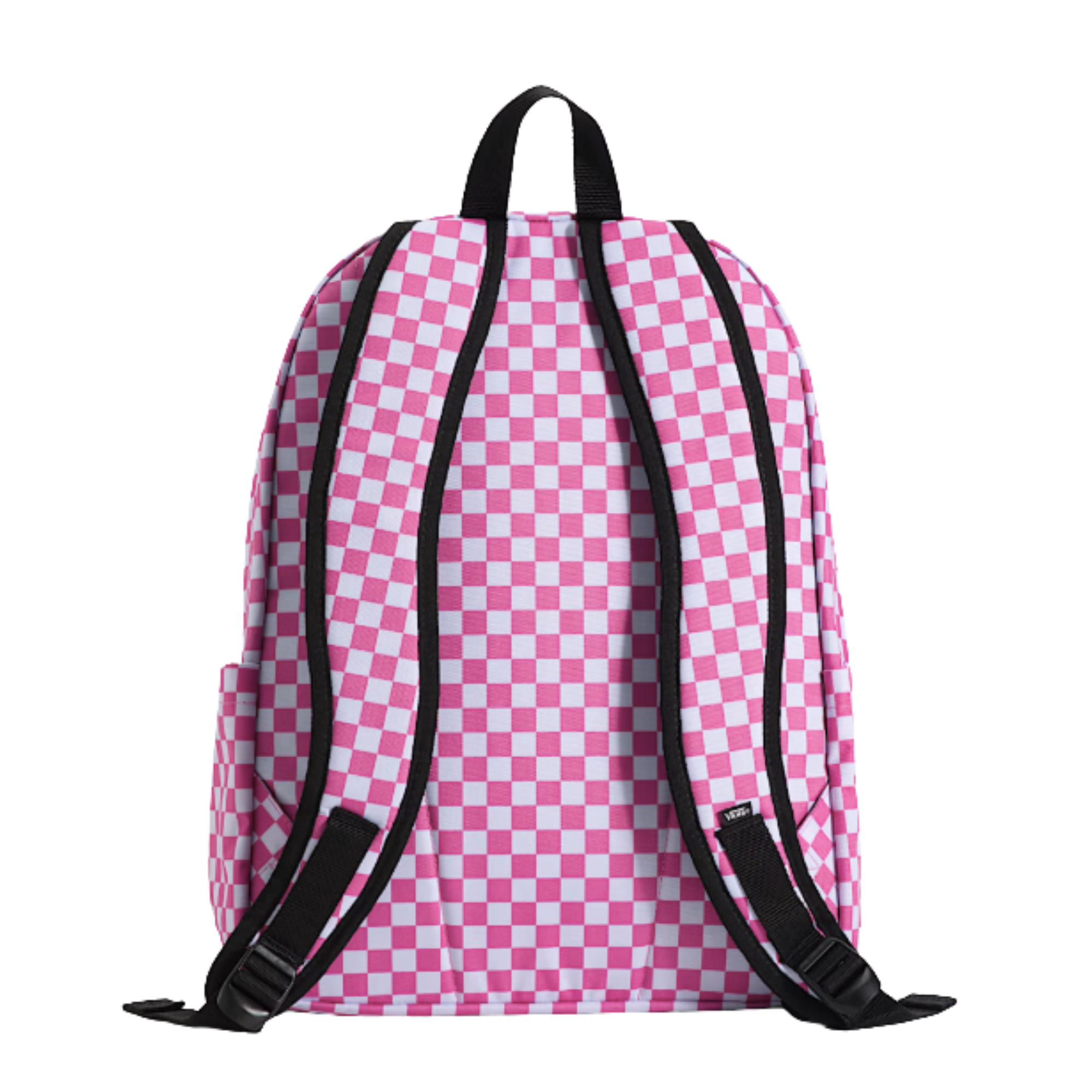 pink and white checkerboard vans old skool backpack on a white background