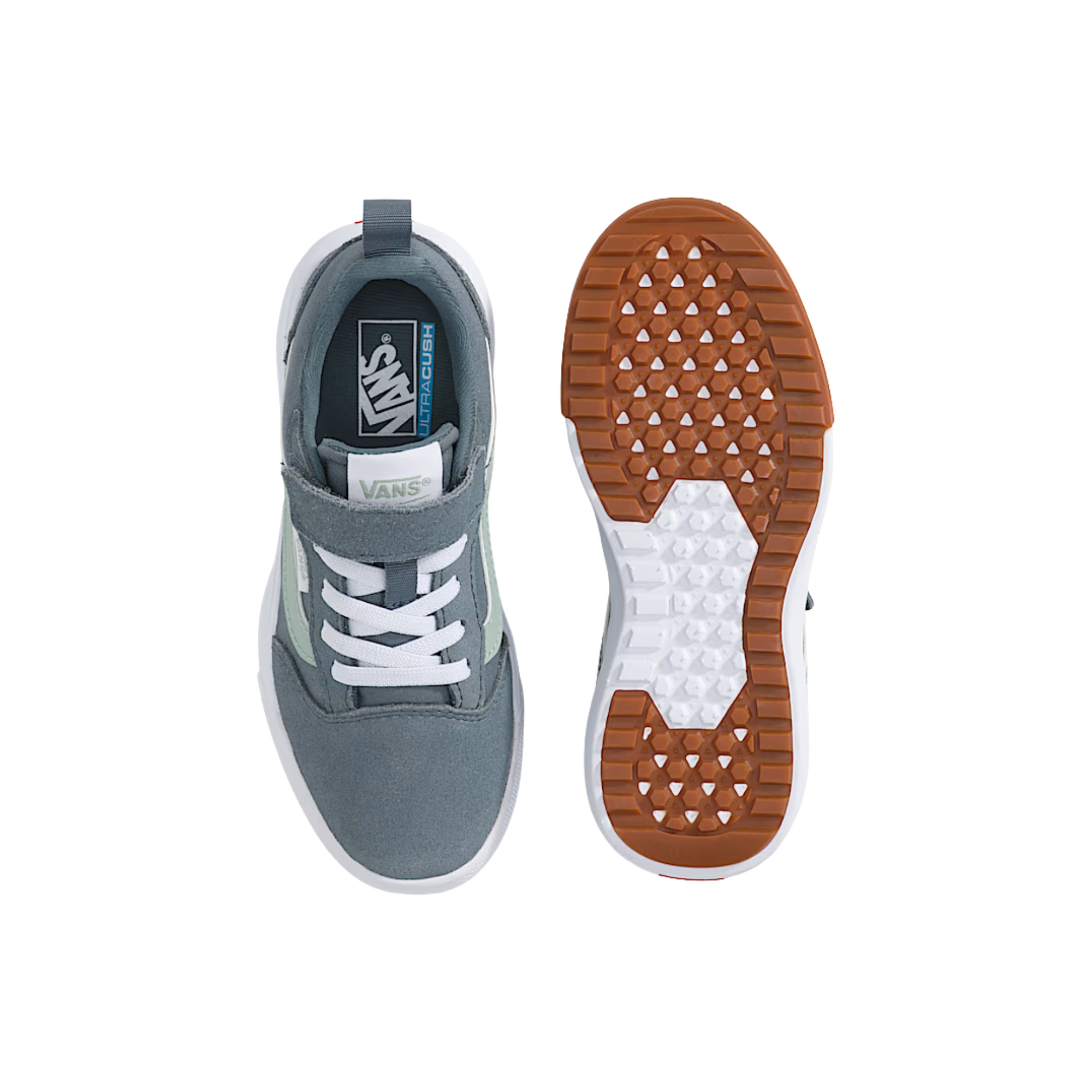 blue gray vans kids ultrarange 66 v with velcro straps, green sidestripe and white sole