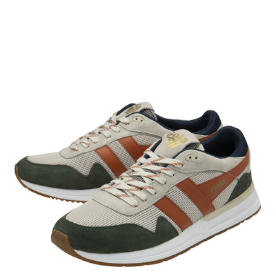 Multicolored gola men's delta sneaker with brown, green, and beige accents on a white background