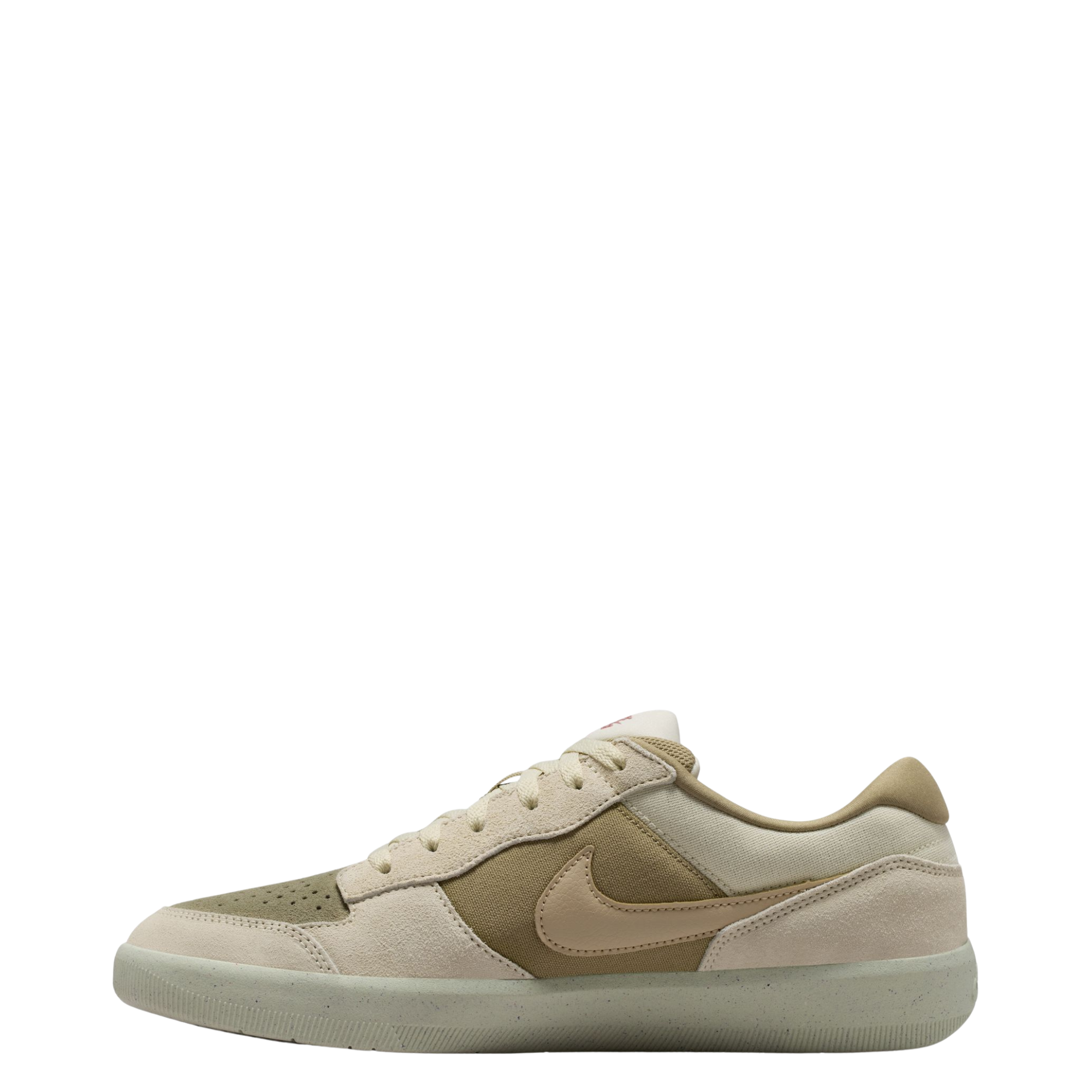 Beige nike sb force 58 sneaker with a brown accent on a white background