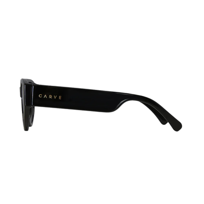 Black carve usa eyewear lulu sunglasses with dark gray lenses, shown from the front on a solid white background.