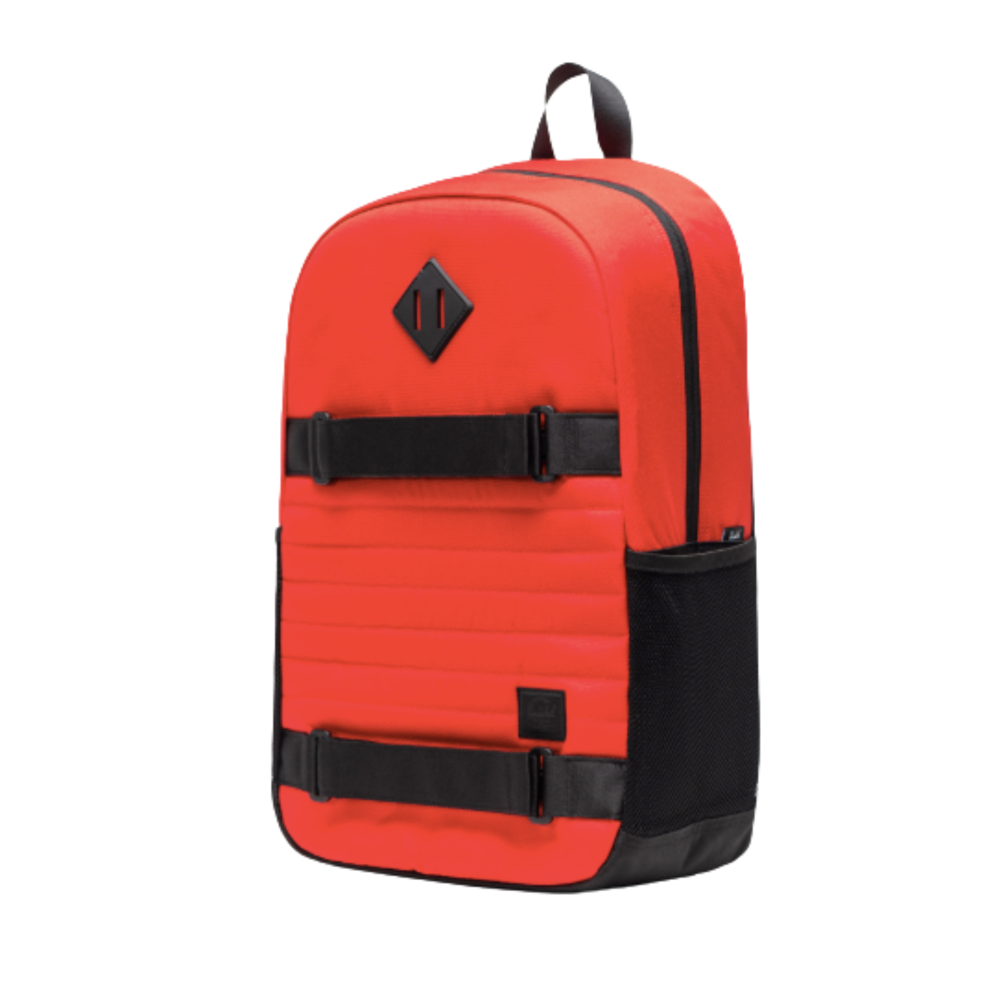 red herschel fleet skateboard backpack with black straps on a white background