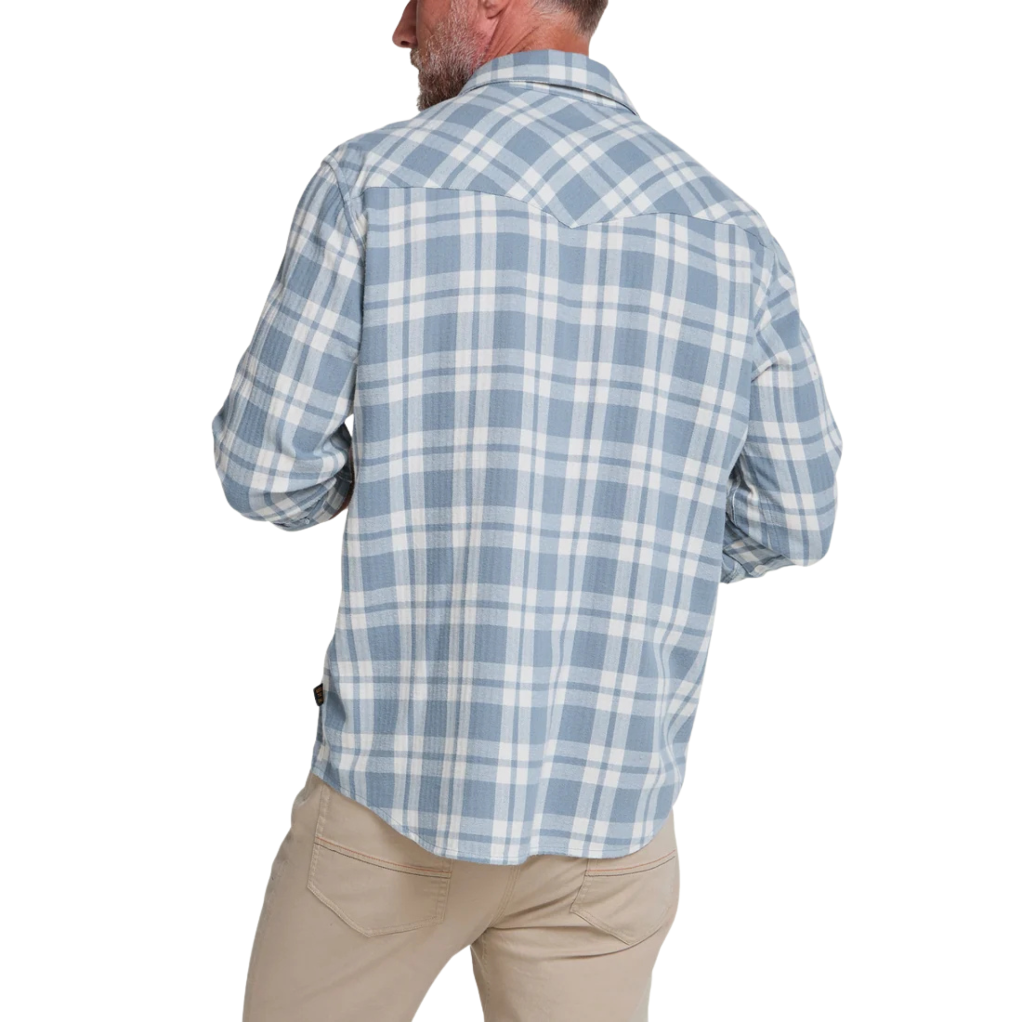 A light blue and white plaid howler brothers la grange lightweight flannel long-sleeve button-up shirt with brown buttons, a chest pocket, and a visible brand label on the collar and chest pocket.