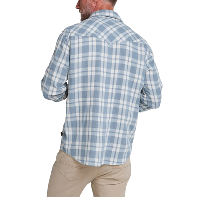 A light blue and white plaid howler brothers la grange lightweight flannel long-sleeve button-up shirt with brown buttons, a chest pocket, and a visible brand label on the collar and chest pocket.