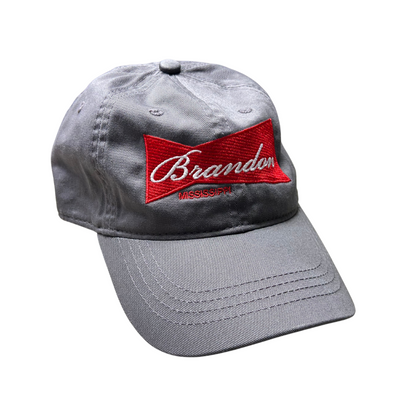 grey embroidered hat with brand mississippi on a red budweiser style logo