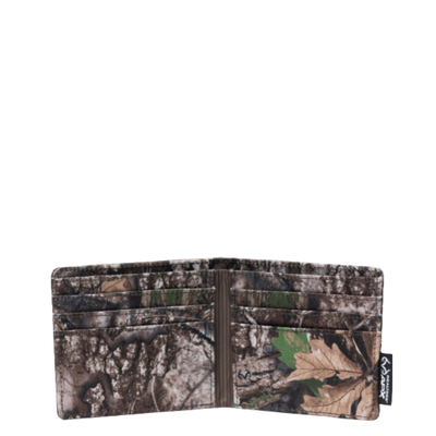 Camouflage-patterned real tree herschel roy wallet with a visible brand label on a white background