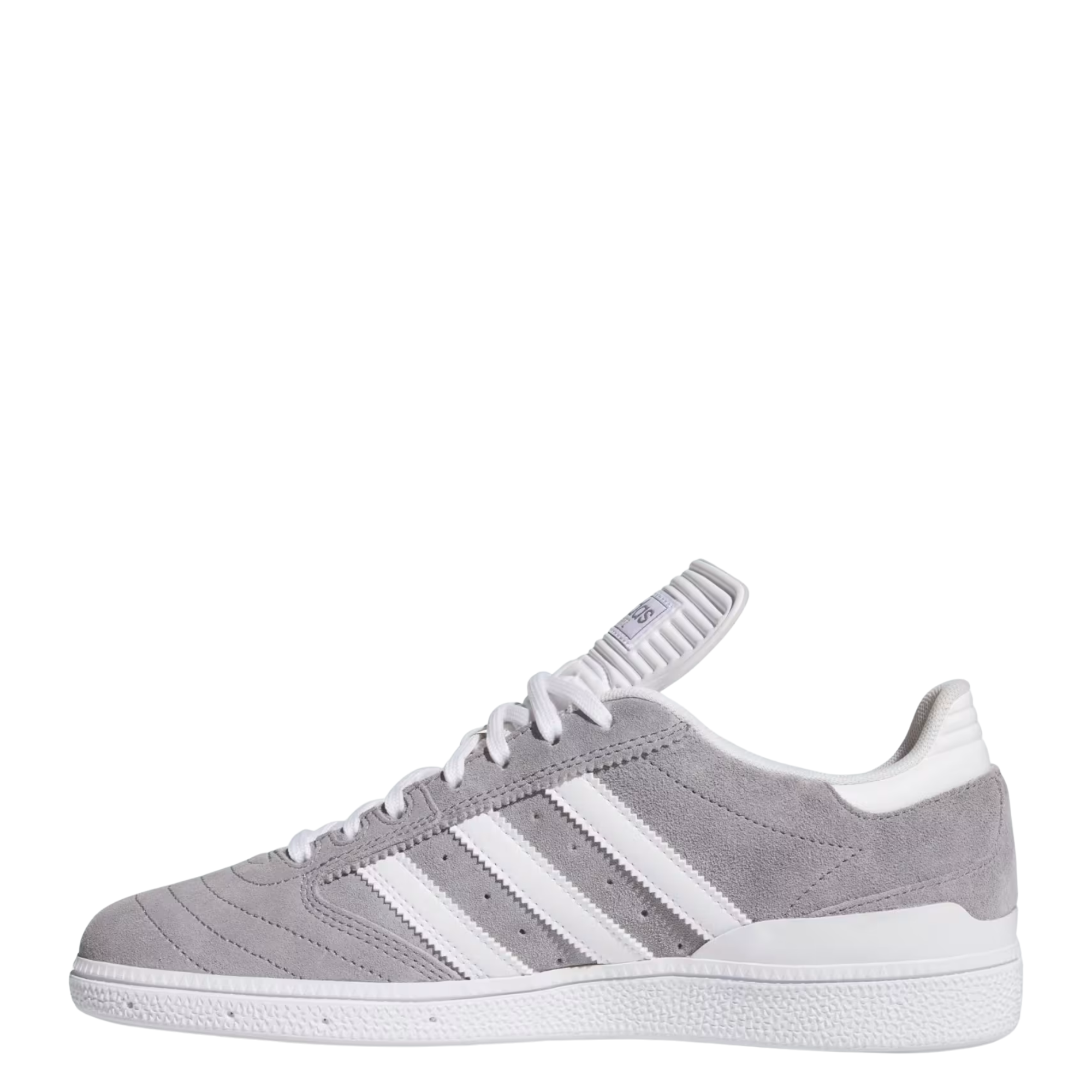 Gray Adidas busenitz skateboard sneaker with white stripes on a white background