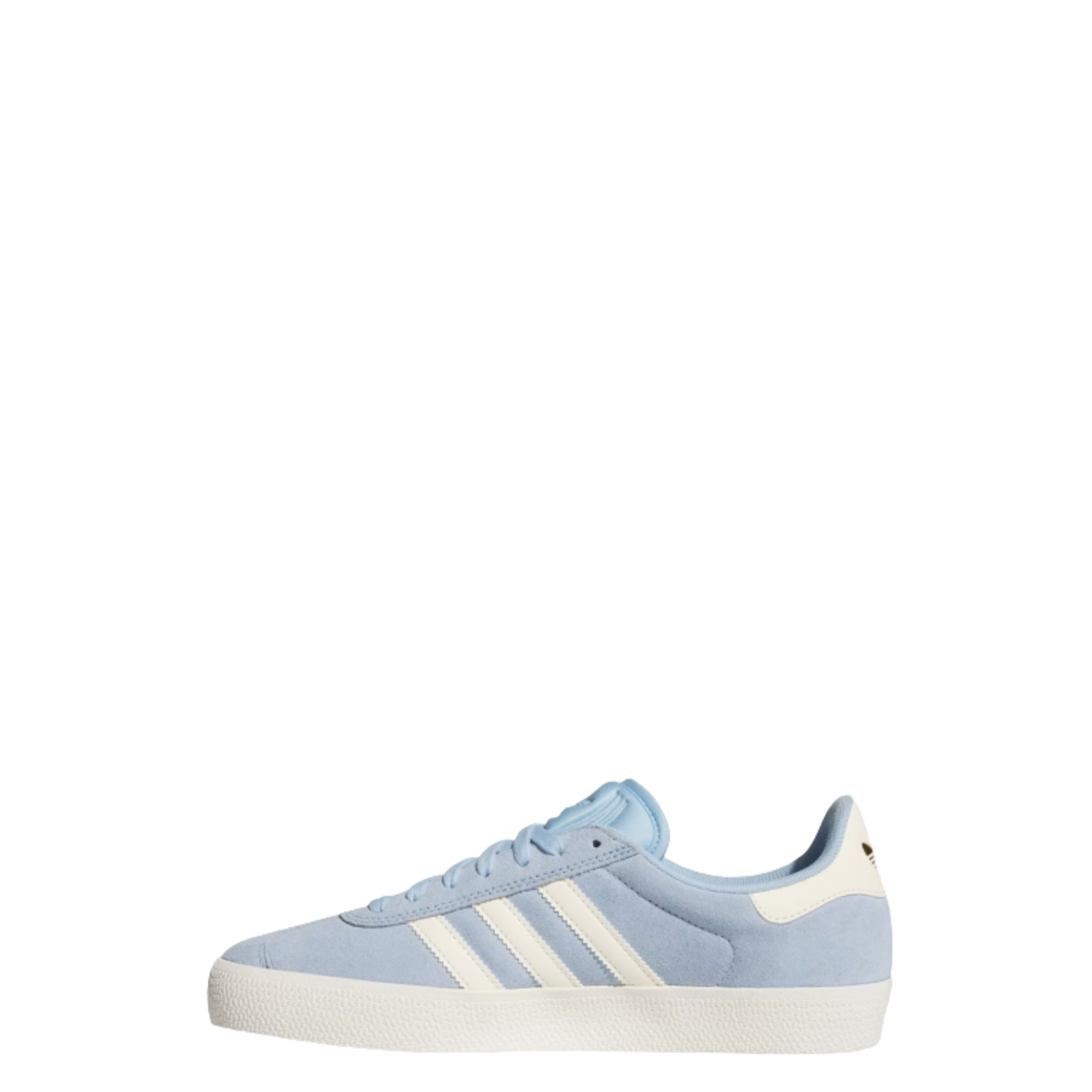Light blue Adidas gazelle adv sneaker with white stripes on a white background