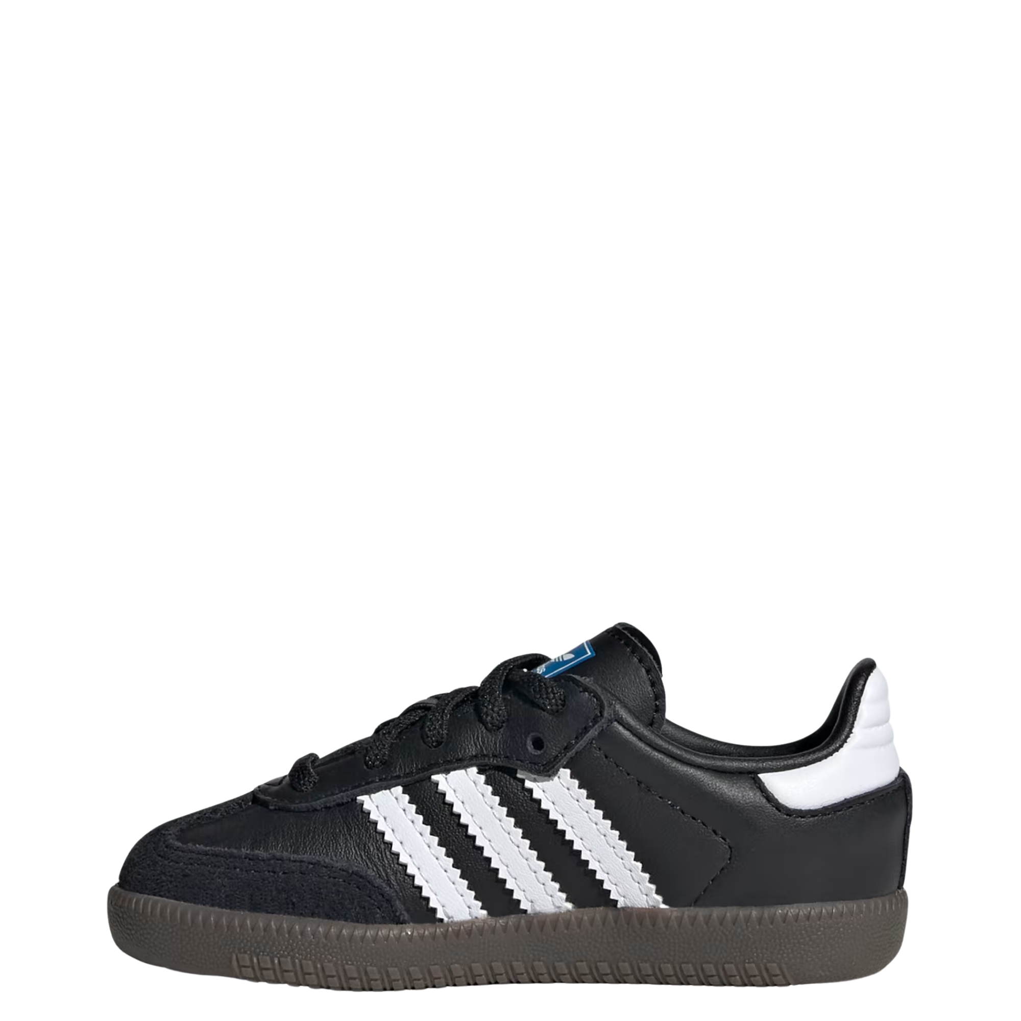 A single Adidas Samba kids sneaker in black leather with signature white side stripes, a gold 'SAMBA' text on the side, and a dark brown gum sole, shown against a plain white background.