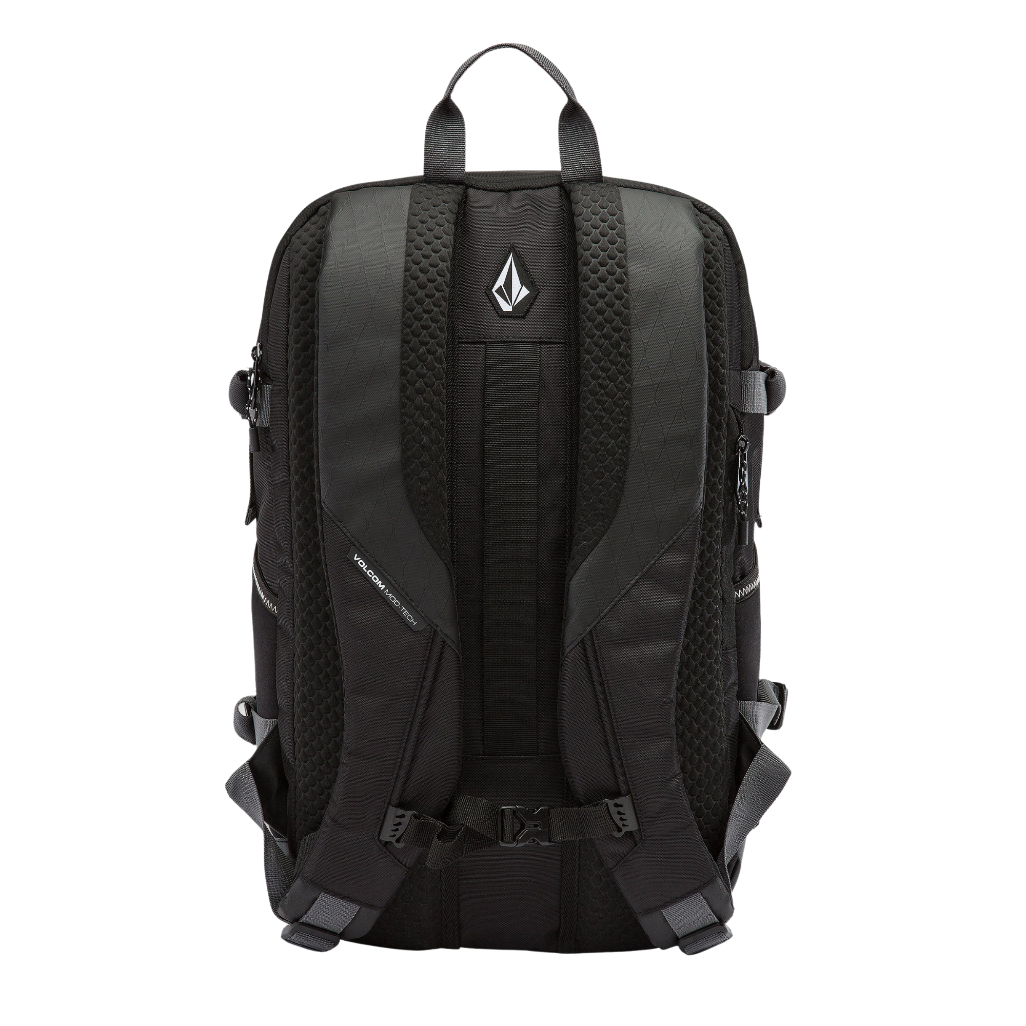 A black outdoor volcom short range backpack with multiple zippered compartments, side pockets, and adjustable straps, shown against a plain white background.