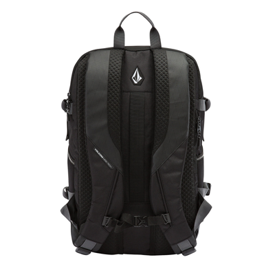 A black outdoor volcom short range backpack with multiple zippered compartments, side pockets, and adjustable straps, shown against a plain white background.