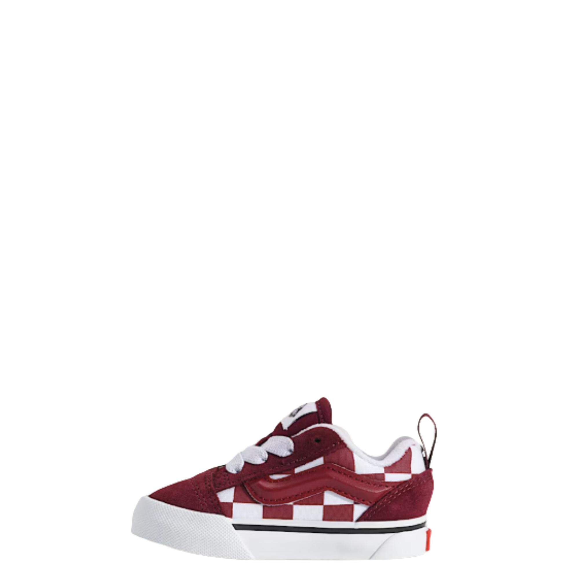 Red and white checkered vans toddler old skool toddler sneaker with elastic laces on a white background