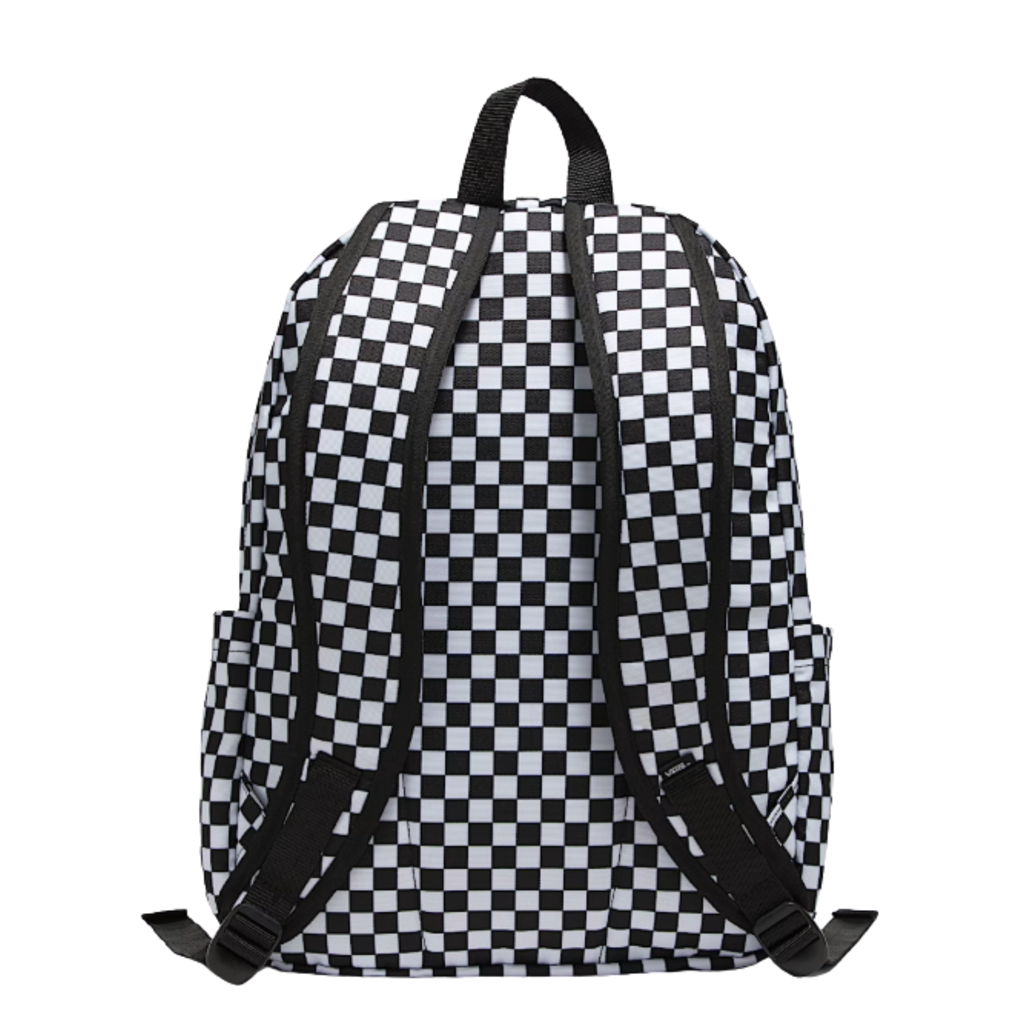 Black and white checkered backpack with Vans logo on a white background