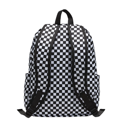 Black and white checkered backpack with Vans logo on a white background