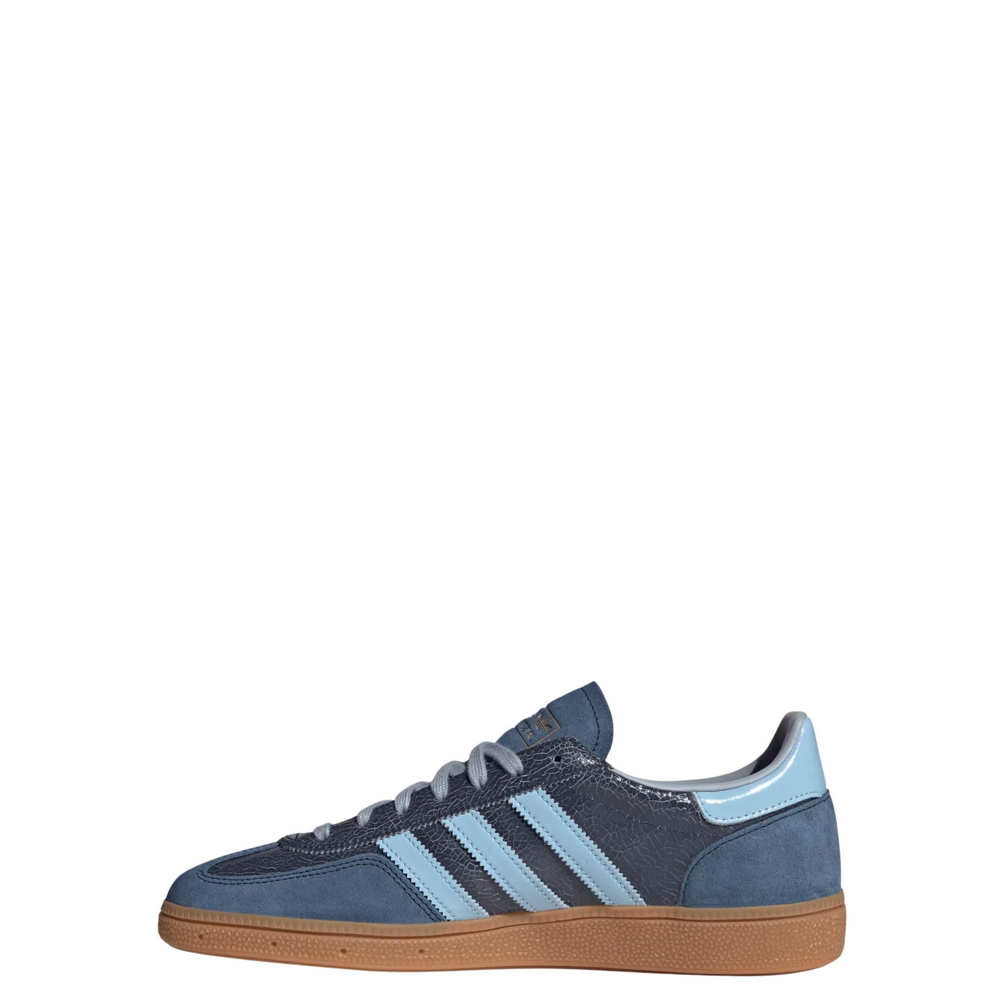 A single Adidas handball spezial sneaker in navy blue suede and textured leather, featuring light blue stripes, a light blue heel tab, and a brown gum sole, shown against a plain white background.