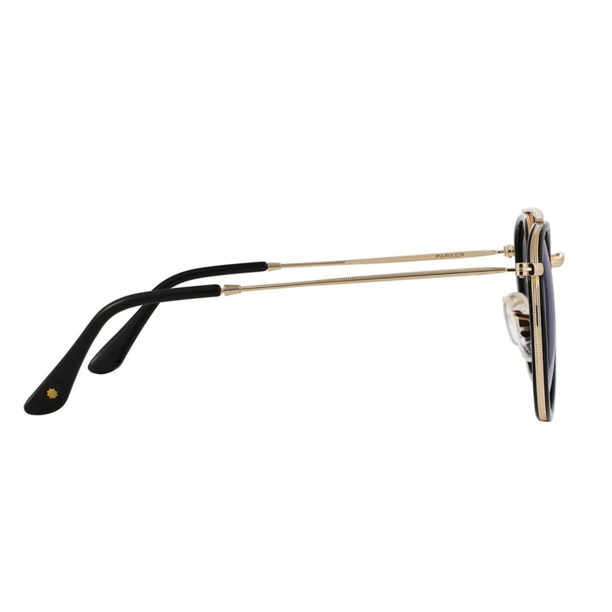 glassy parker premium Sunglasses with blue lenses and gold frame on a white background