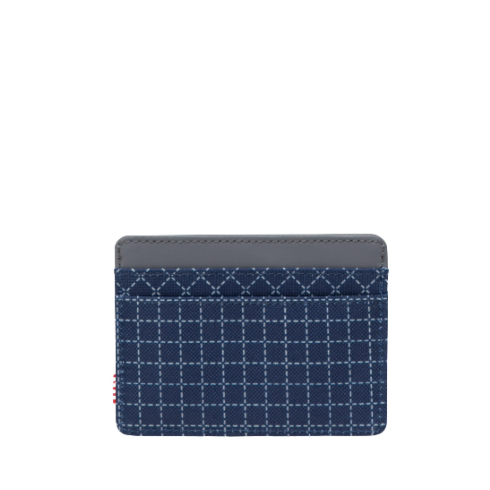 blue herschel charlie card wallet with grid pattern on a white background