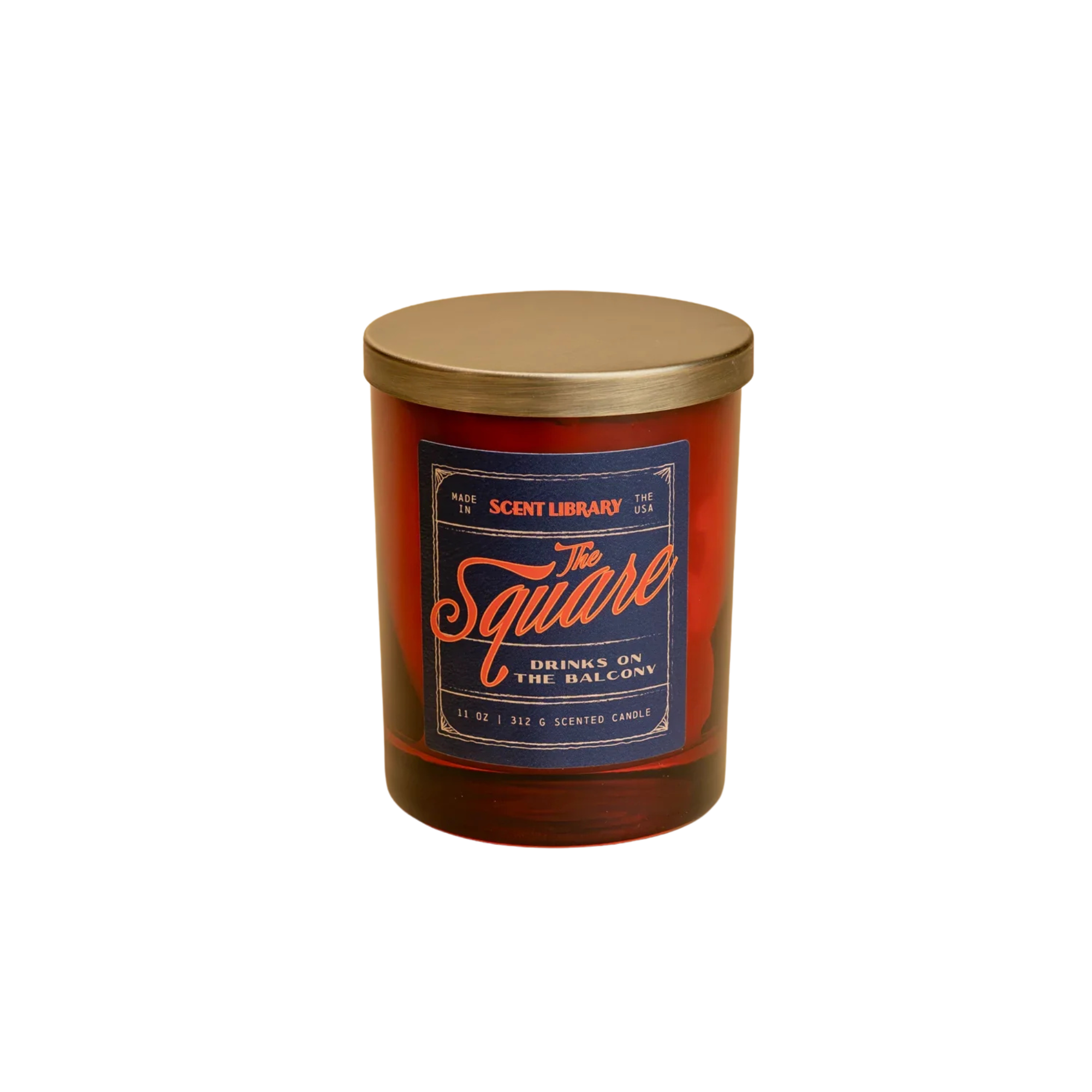 Scented candle labeled 'The Square Drinks on the Balcony' by Scent Library on a white background