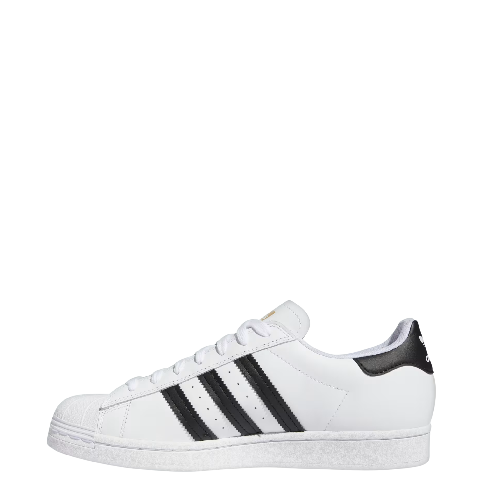 White Adidas Superstar sneaker with black stripes on a white background