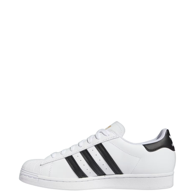 White Adidas Superstar sneaker with black stripes on a white background