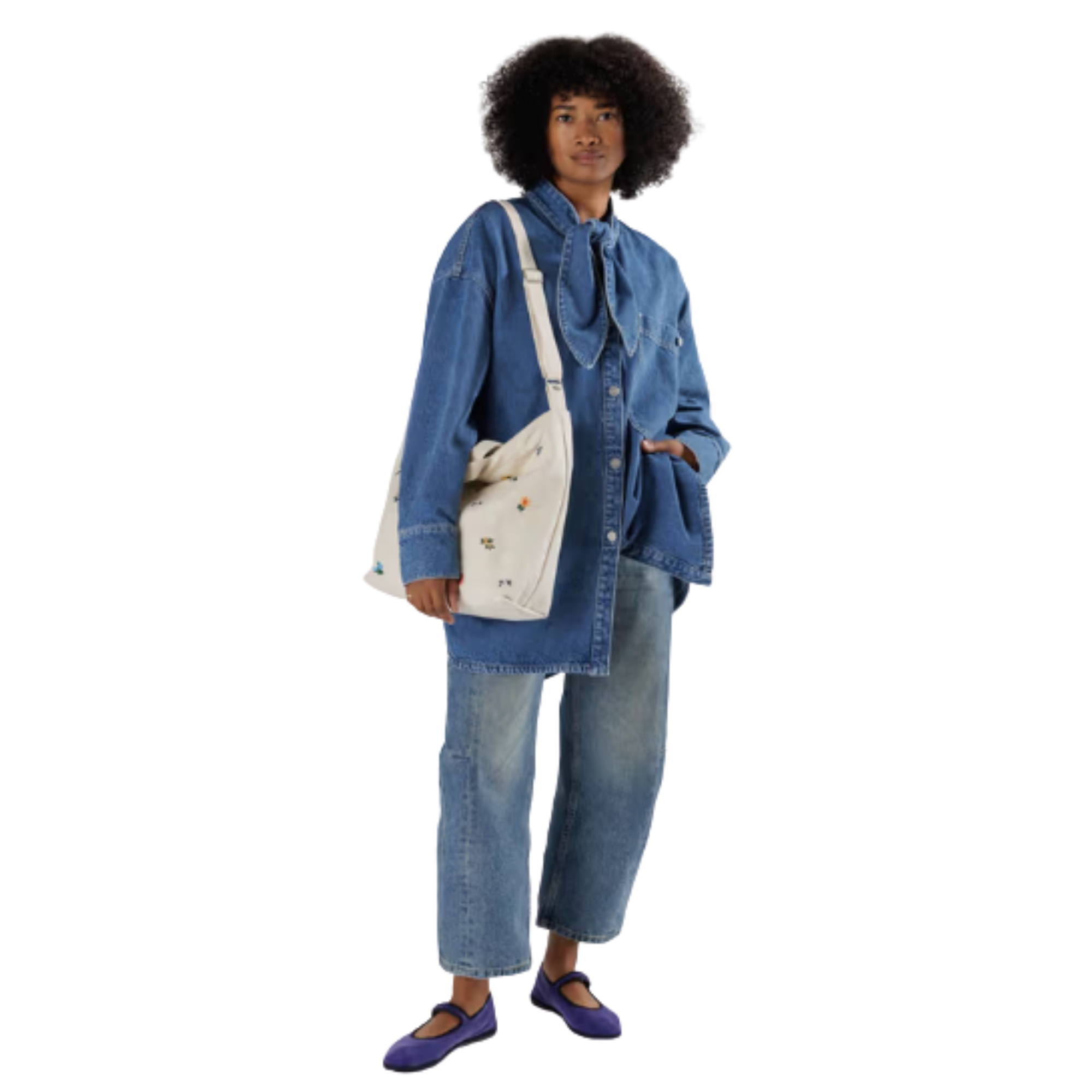 Beige baggu horizontal zip duck tote bag with floral embroidery on a white background