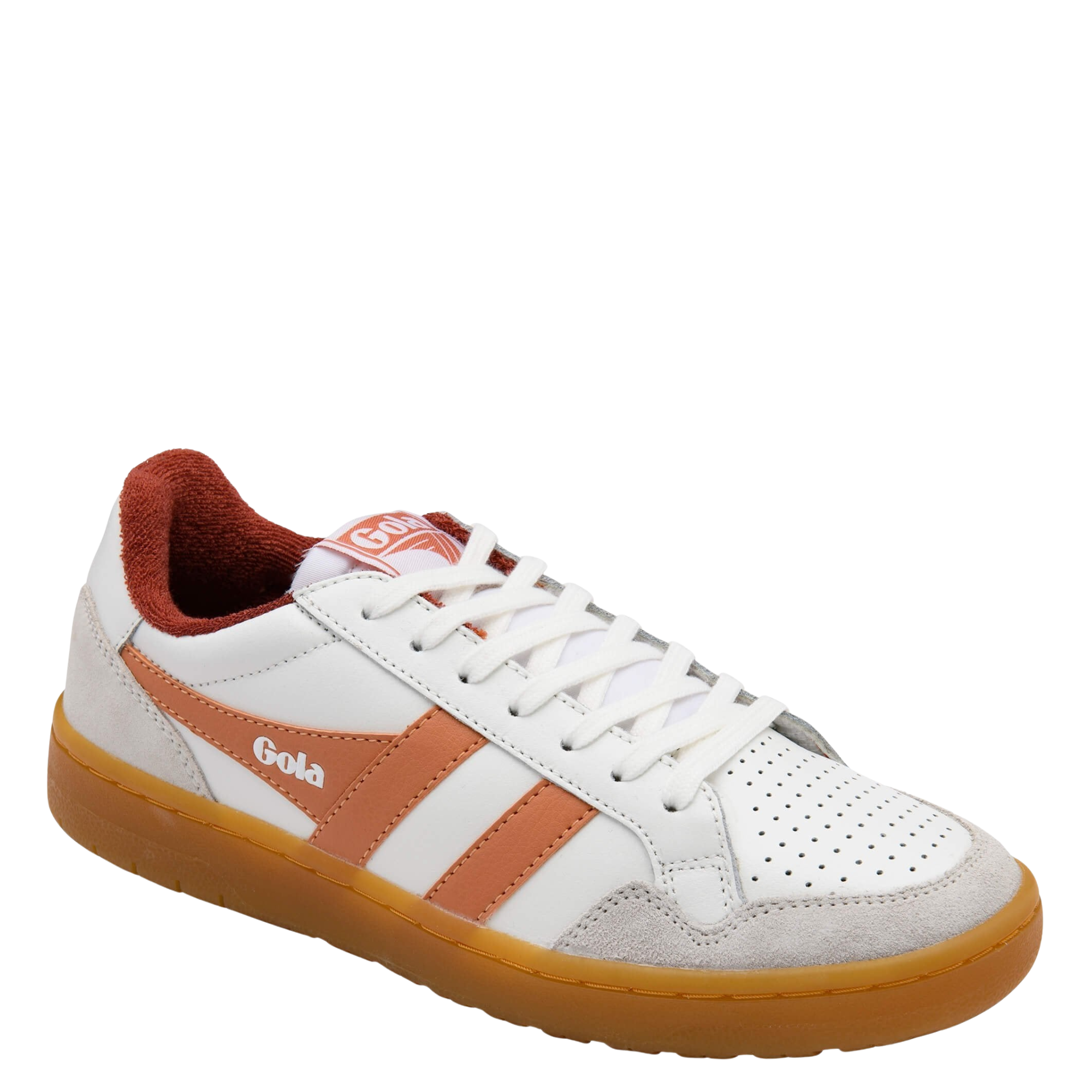 White and orange eagle '86 women's sneaker with 'Gola' branding on a white background & gum soles