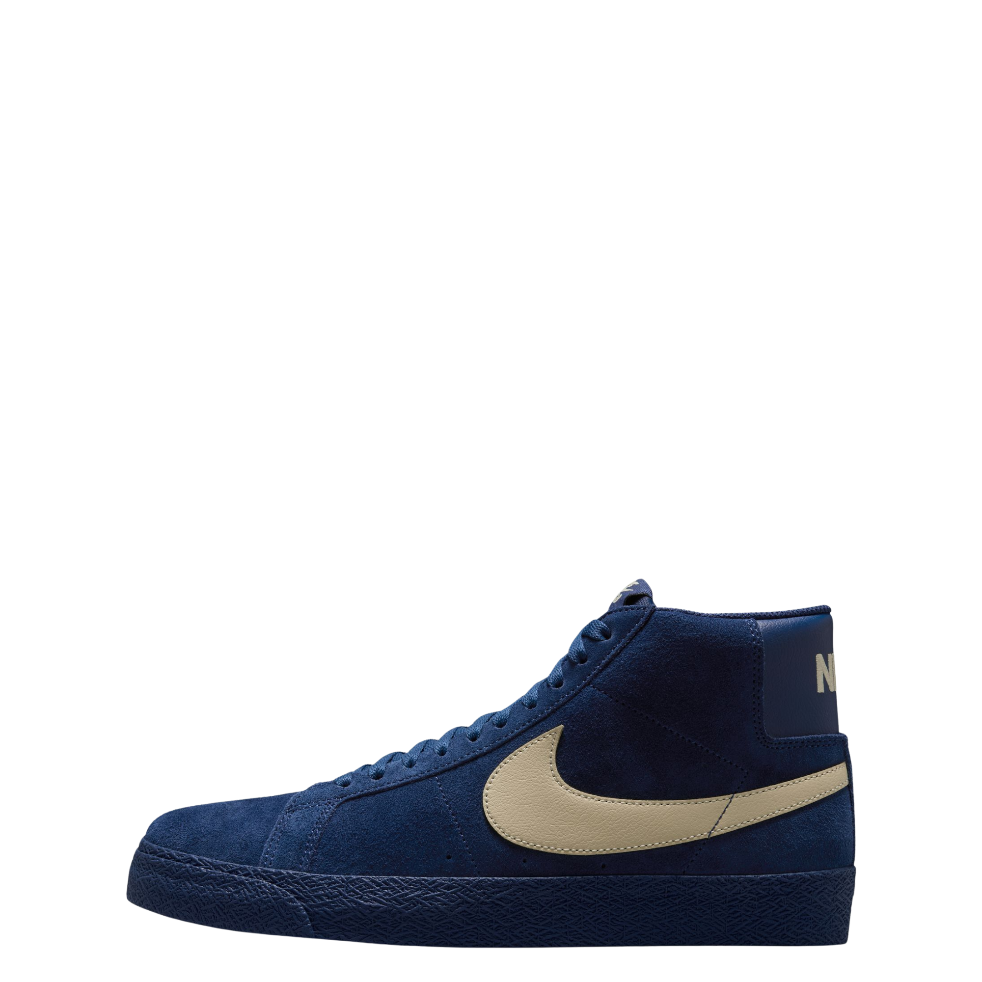A high-top Nike sb Blazer skateboard sneaker in navy blue suede with a beige Swoosh logo and matching navy laces, shown from a side profile on a white background.