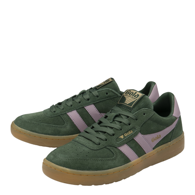 Green gola hawk 86 sneaker with pink accents and gum sole on a white background