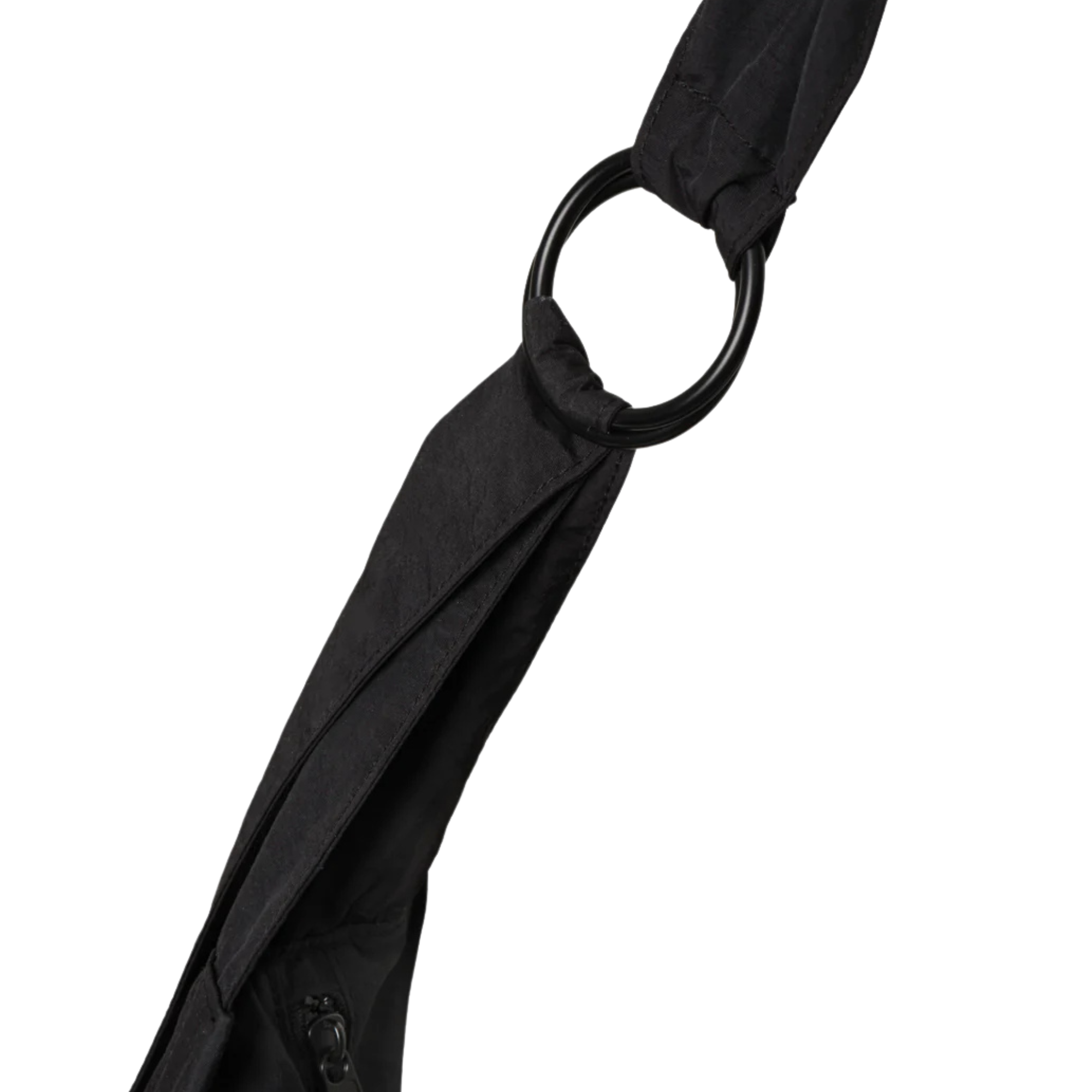 Black thread slouchy shoulder bag with a strap on a white background