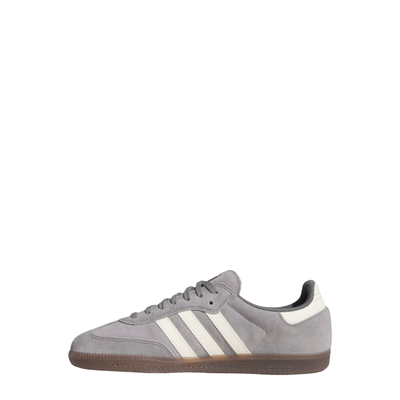 Gray Adidas samba adv skateboard sneaker with white stripes on a white background