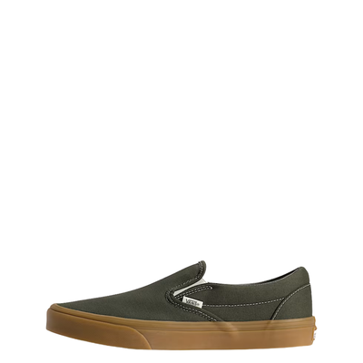 dark green vans mens slip-on sneaker with brown sole on a white background