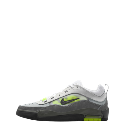 Gray and black nike sb air max ishod wair sneaker with neon green accents on a white background
