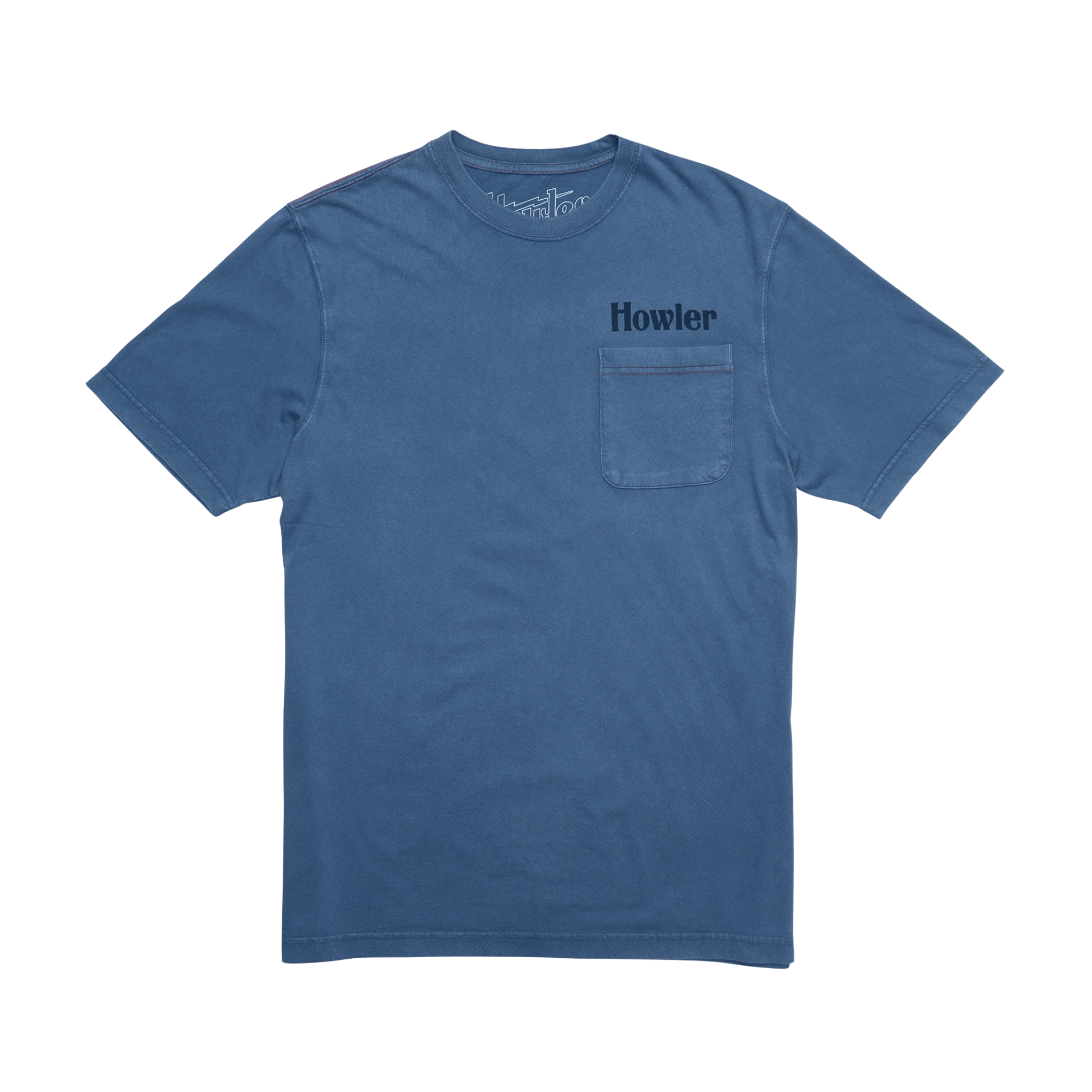 A blue short-sleeve howler men's crewneck t-shirt with a chest pocket and the brand name 'Howler' printed in black on the left chest, shown against a plain white background.
