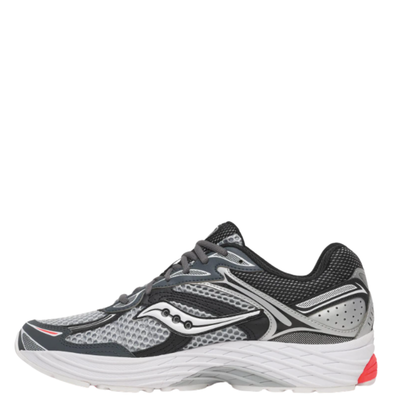 A Saucony progrid omni 9 running shoes in gray, black, and white with bright red accents, on a plain white background.