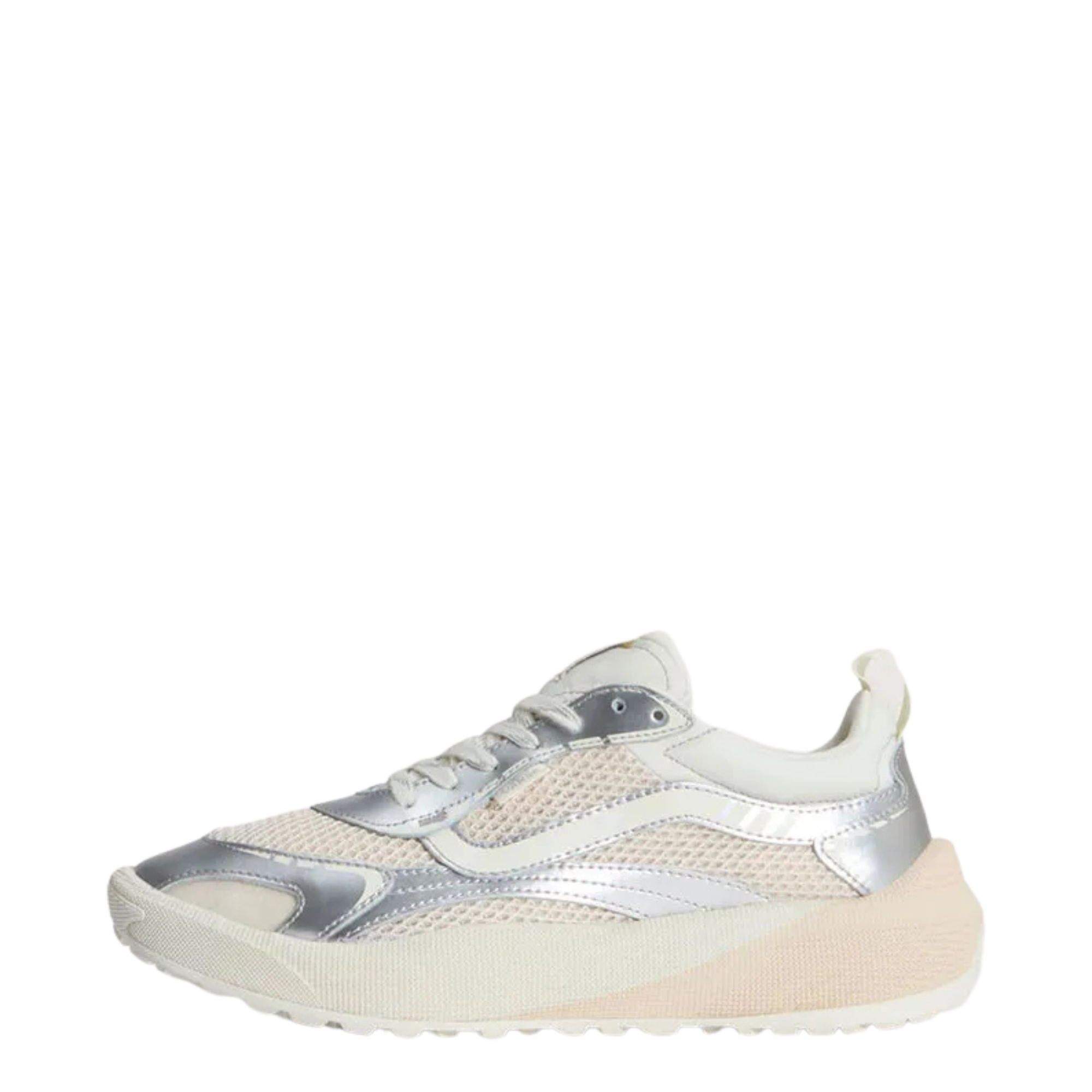 A single low-top vans ultrarange neo 2.0 sneaker shown in profile against a solid white background. The shoe features a cream-colored knit upper with metallic silver overlays, a chunky cream midsole, and white laces.