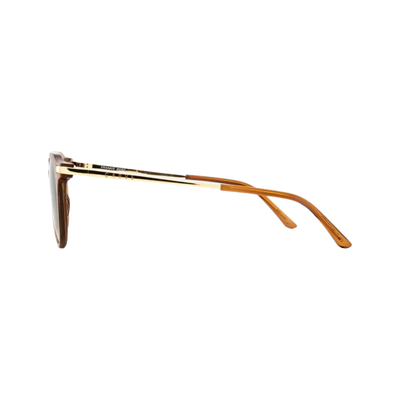 Round carve usa eyewear sunglasses with translucent amber-brown frames and dark brown lenses, featuring small gold metal accents on the hinges, shown against a plain white background.