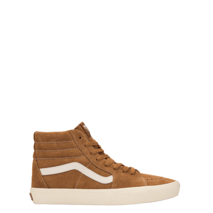 Brown high-top vans sk8-hi sneaker with a white sole on a white background