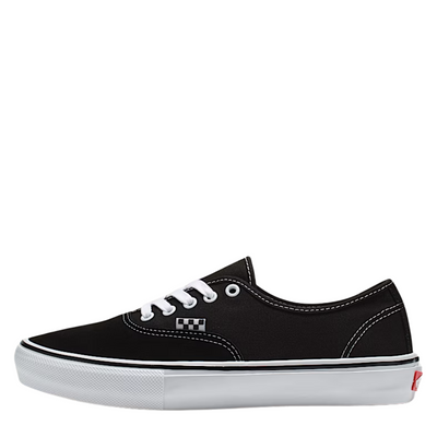Black vans skate authentic sneaker with white laces on a white background