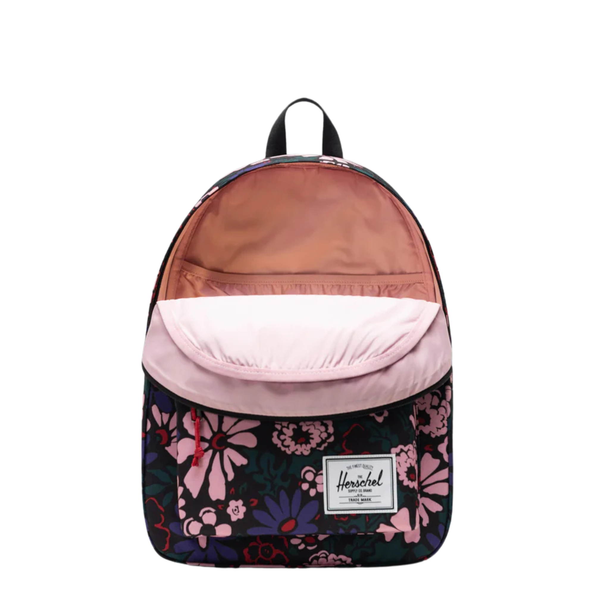Floral-patterned herschel classic backpack with Herschel logo on a white background