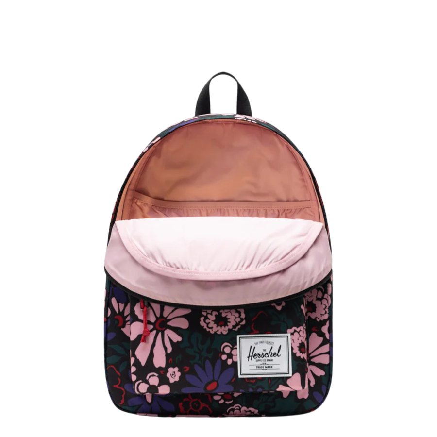 Floral-patterned herschel classic backpack with Herschel logo on a white background