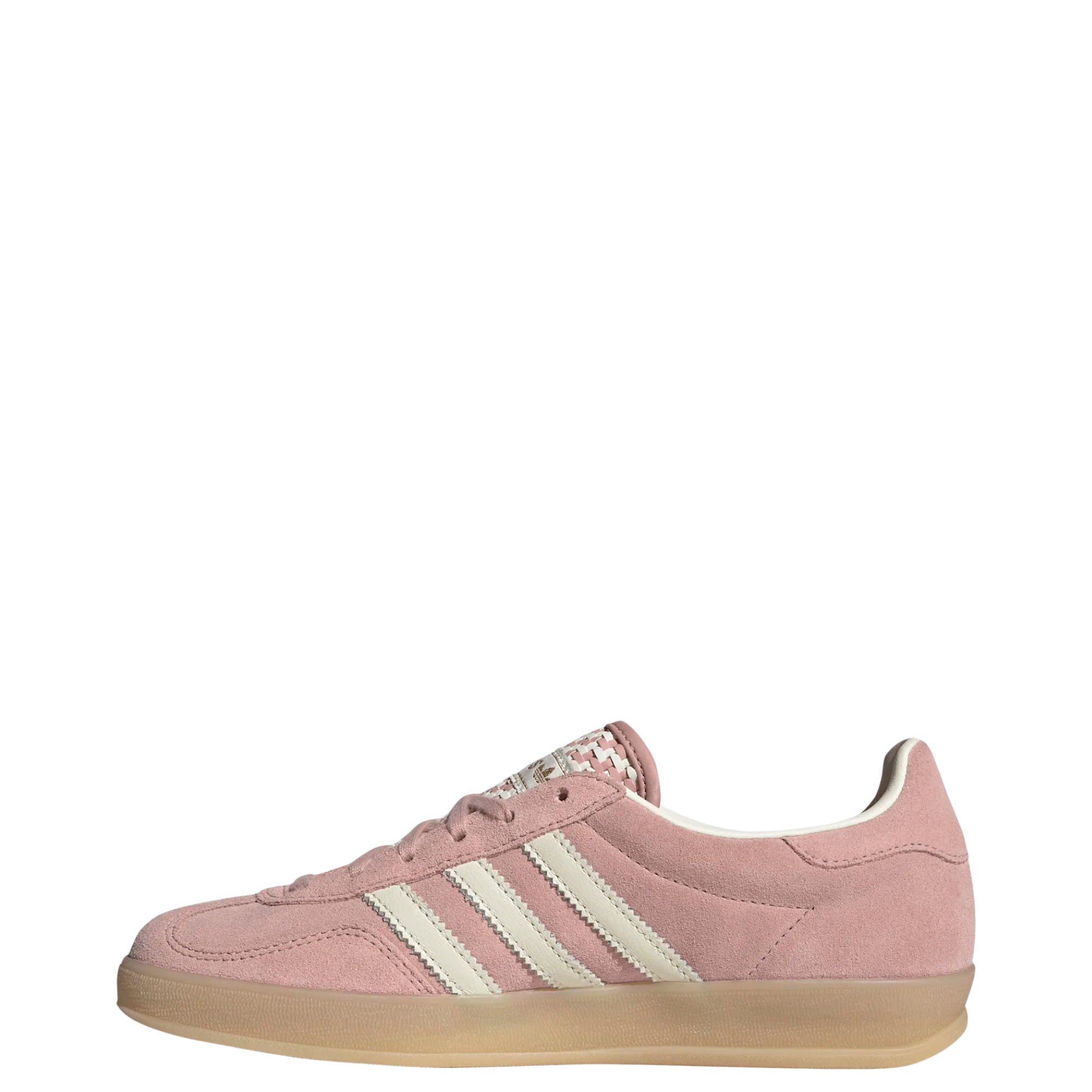 pink adidas women's gazelle indoor shoe with knit tongue and white stripes on a white background
