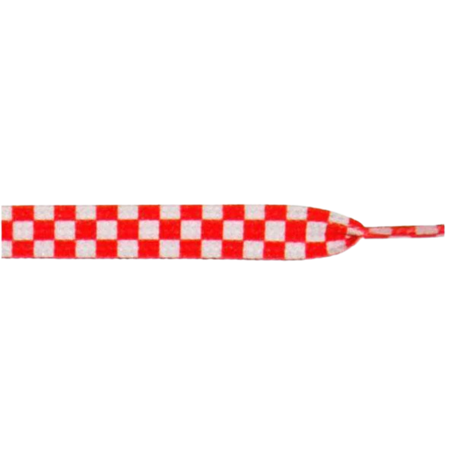 Red and white checkered shoelace on a white background