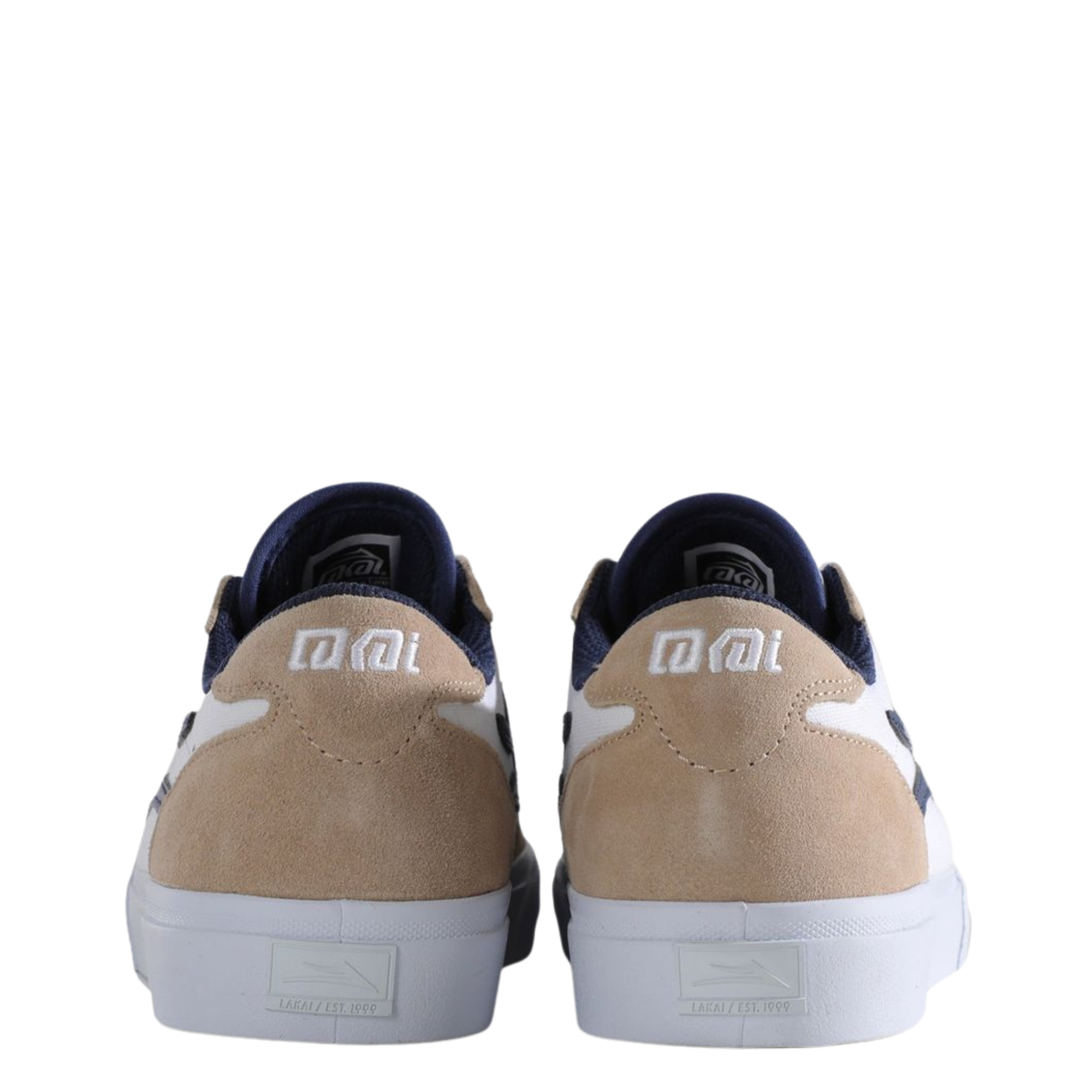 Beige and white lakai manchester skateboard sneaker with a blue logo on a white background
