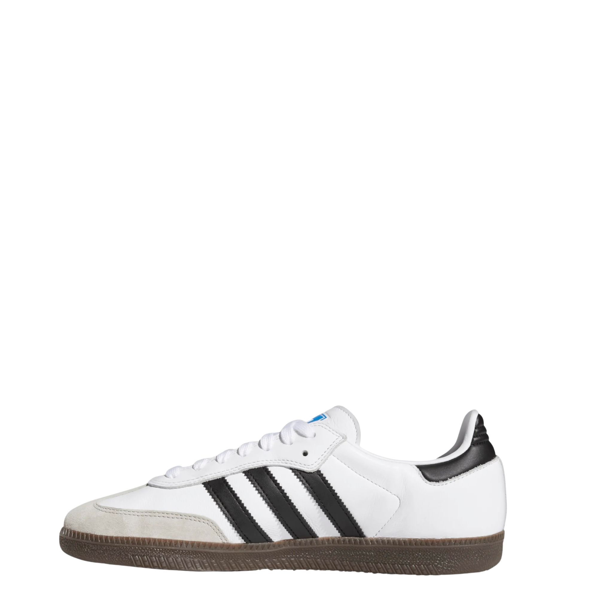 White Adidas samba skateboarding adv sneaker with black stripes and gum sole on a white background