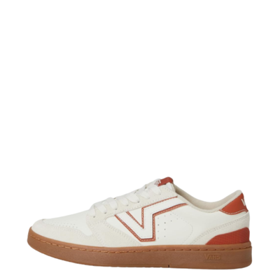 White vans lowland 2.0 sneaker with brown accents on a white background