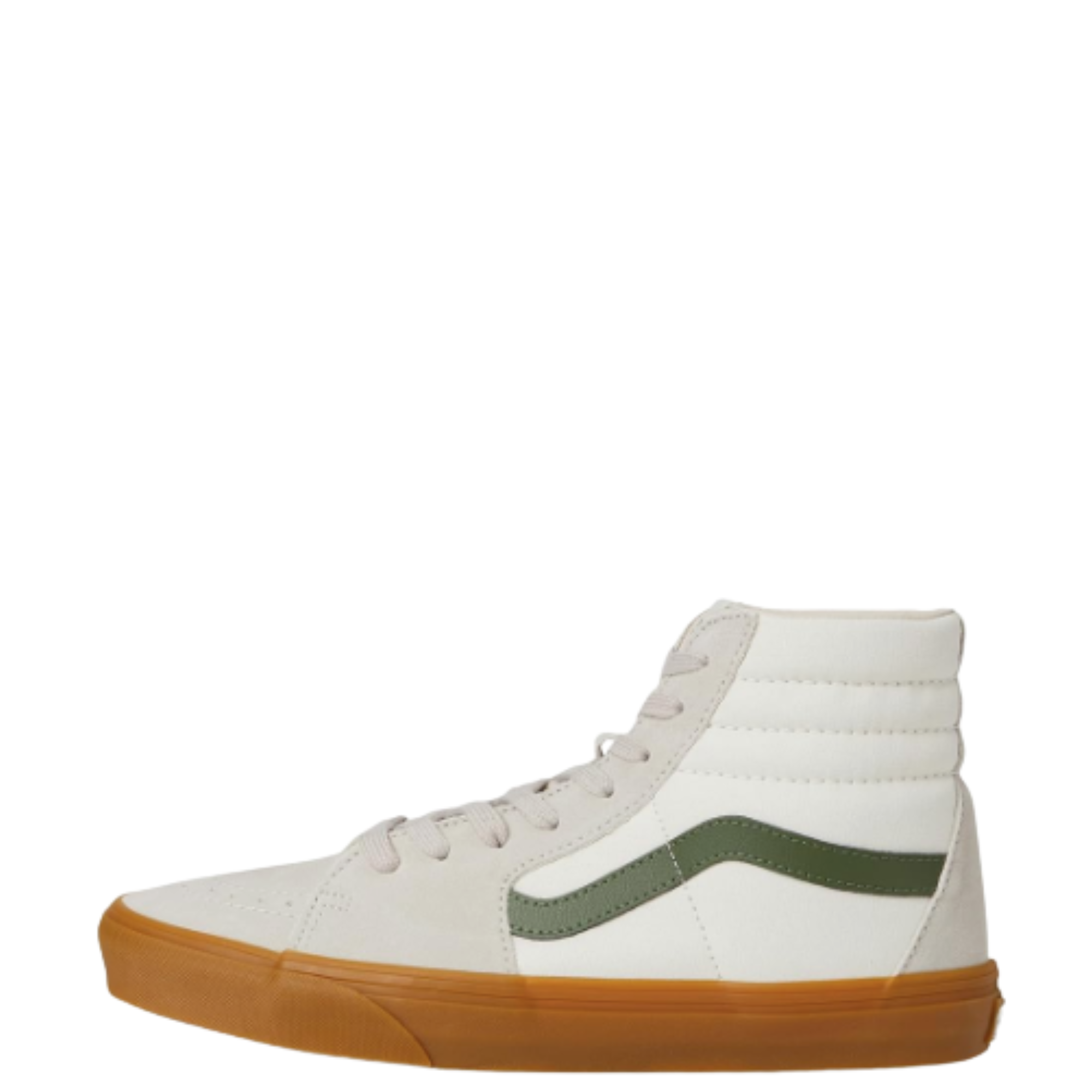 vans White high-top vans sk8-hi sneaker with green stripe and brown sole on a white background