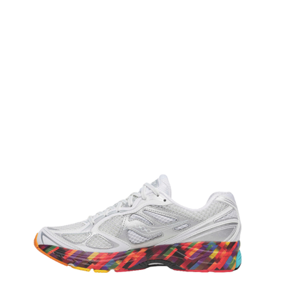 White saucony boston progrid guide 7 running shoe with colorful sole on a white background