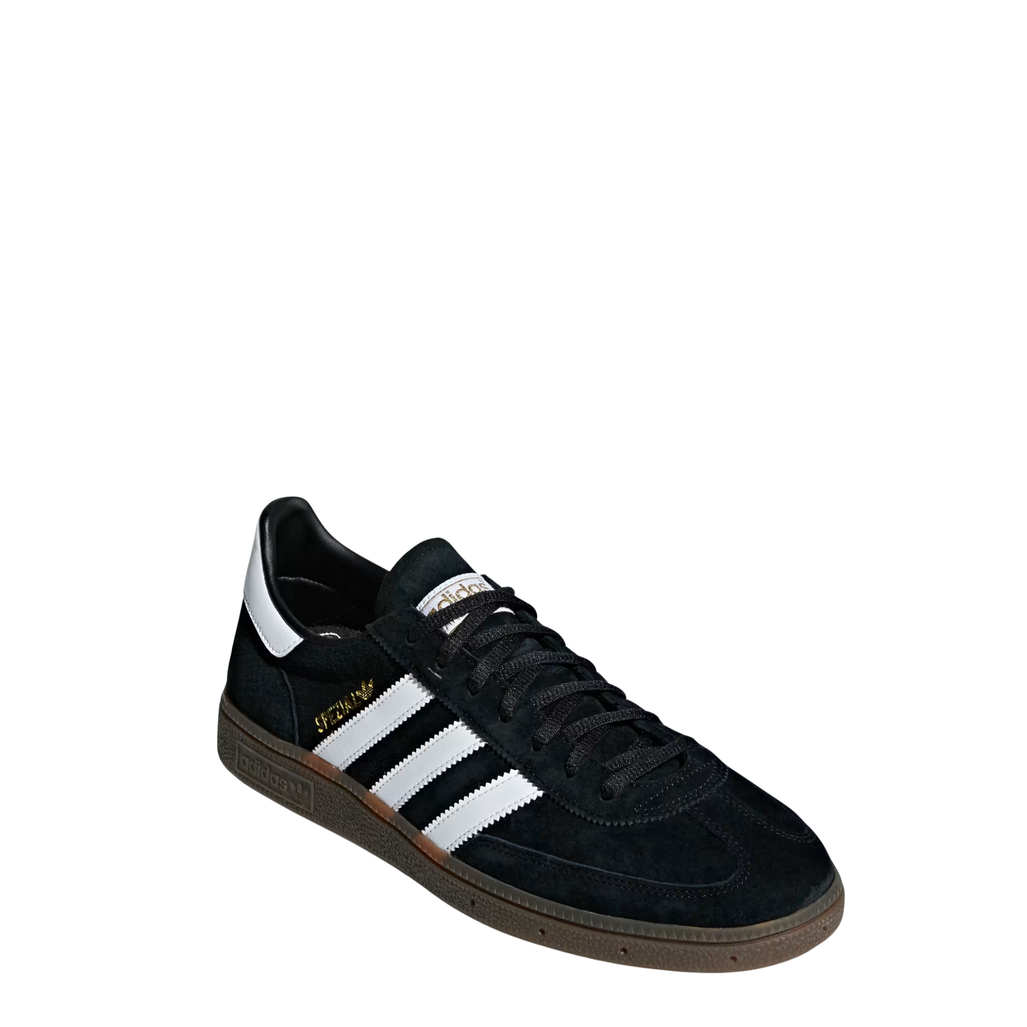 Black Adidas HANDBALL SPEZIAL sneaker with white stripes on a white background