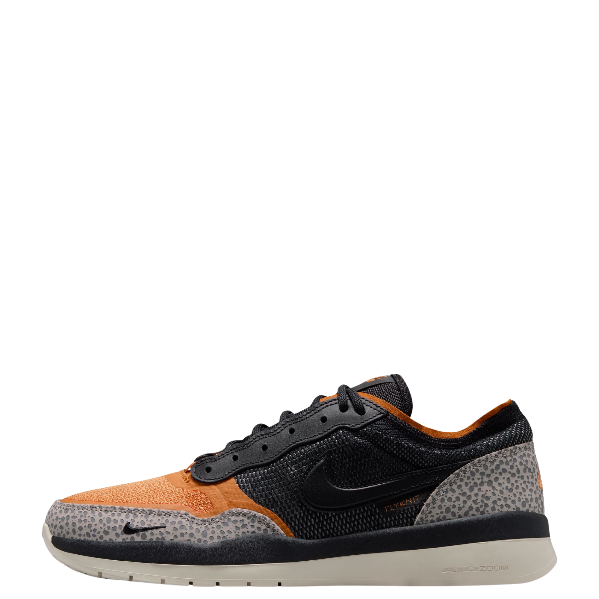 A Nike SB PS8 skateboard sneaker in black, orange, and gray leopard print, set against a plain white background.