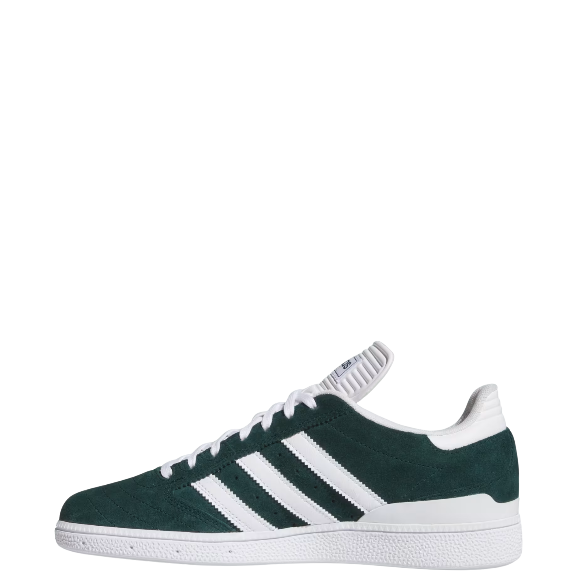Green and white adidas busentiz skateboard sneaker with three white stripes on a light gray background